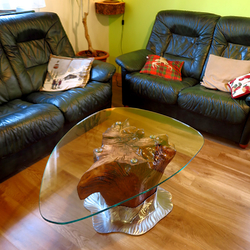 Exclusive table made of an oak root, stainless steel, and glass  luxurious furniture