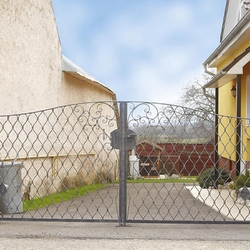 Schmiedeeisernes Tor mit feinen Details – Tor an einem Einfamilienhaus Schmiedeeisernes Tor mit feinen Details – Tor an einem Einfamilienhaus