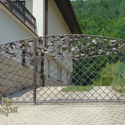 Schmiedeeisernes Tor mit Weinrebe und gelochter und durchgesteckter Gitterfüllung Schmiedeeisernes Tor mit Weinrebe und gelochter und durchgesteckter Gitterfüllung