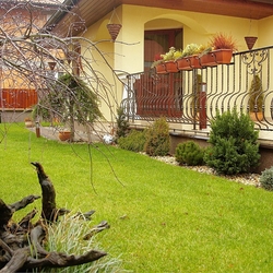 Einfaches geschmiedetes Geländer auf der Terrasse eines Einfamilienhauses – Geländer für Exterieur Einfaches geschmiedetes Geländer auf der Terrasse eines Einfamilienhauses – Geländer für Exterieur