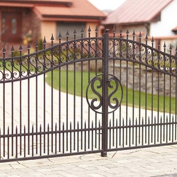Modernes, schmiedeeisernes Tor mit zentralem Muster am Eingang eines Einfamilienhauses Modernes, schmiedeeisernes Tor mit zentralem Muster am Eingang eines Einfamilienhauses
